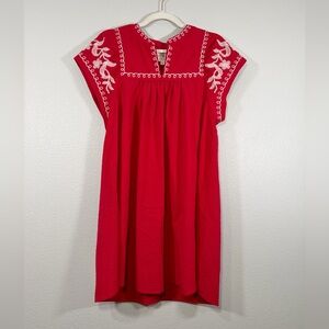 Umgee Dress Sundress Red with White Embroidery Floral Cap Sleeves Women Small